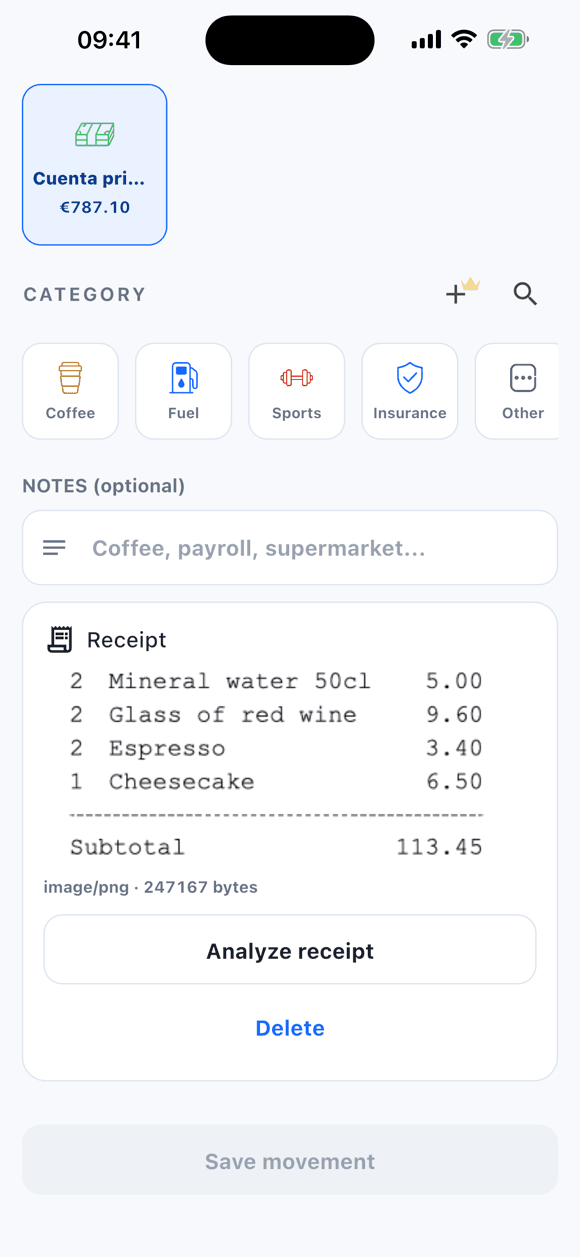 Expense form in Tally with a receipt attached, its file size, and the Analyze receipt button