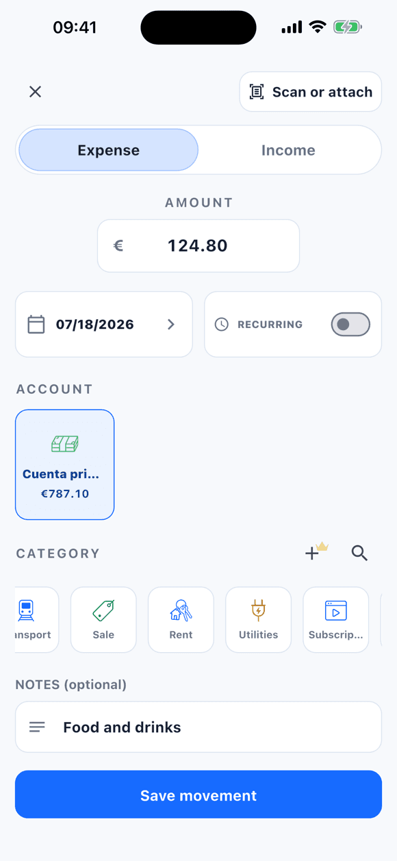 Expense form in Tally filled after analyzing the receipt: amount 124.80 euros, date, account, and proposed concept