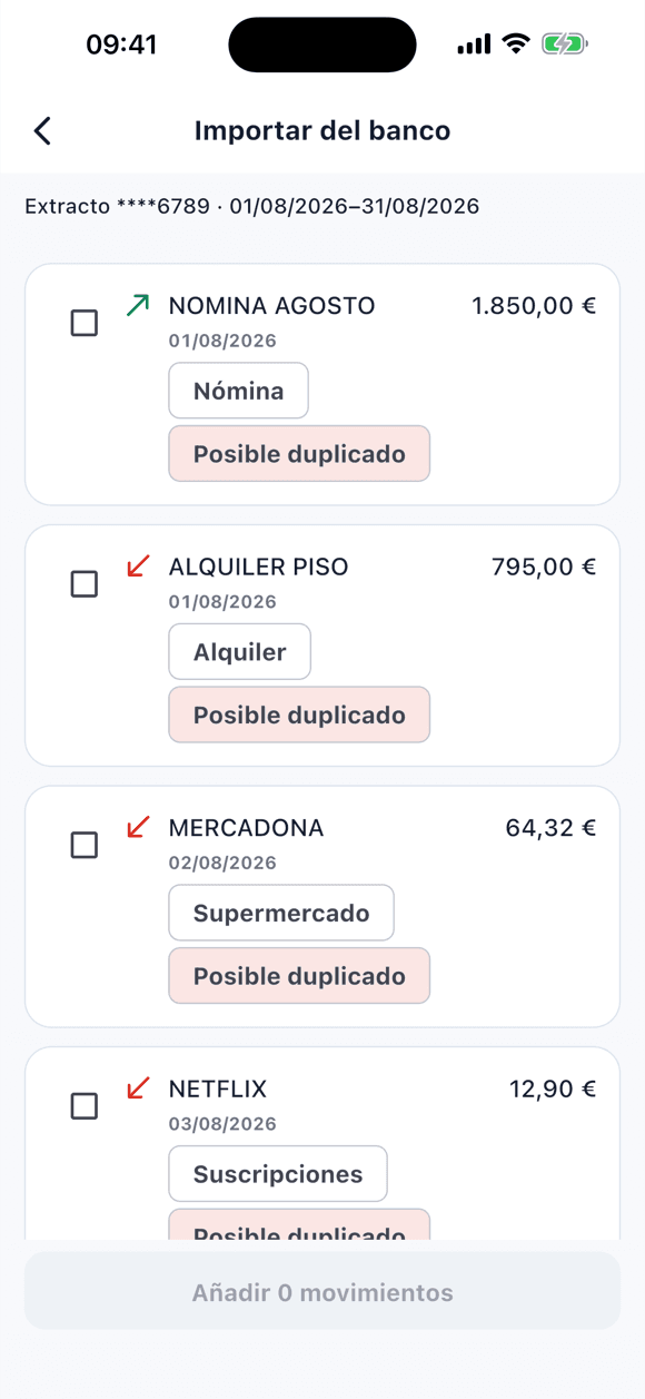 Vista previa de una segunda importación del mismo archivo: cada fila marcada como posible duplicado, todas desmarcadas y el botón Añadir 0 movimientos