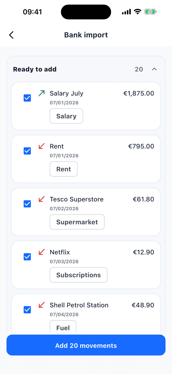 Import preview in Tally: 20 proposed movements with amount, date, and suggested category, and the Add 20 movements button