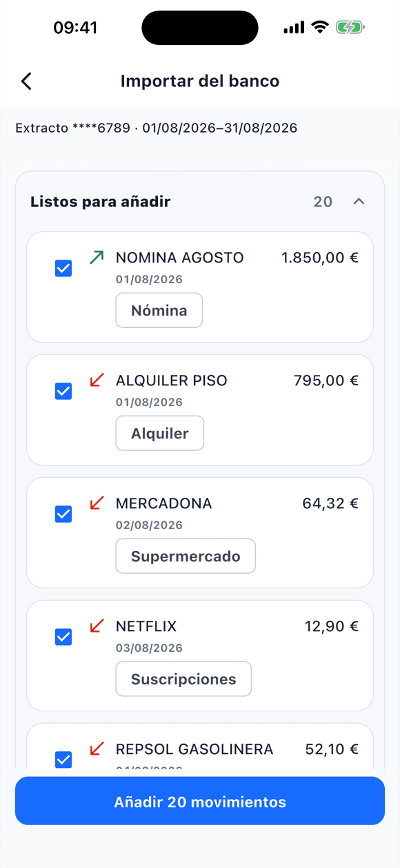 Vista previa de la importación en Tally: cabecera del extracto, 20 movimientos propuestos con importe, fecha y categoría, y el botón Añadir 20 movimientos