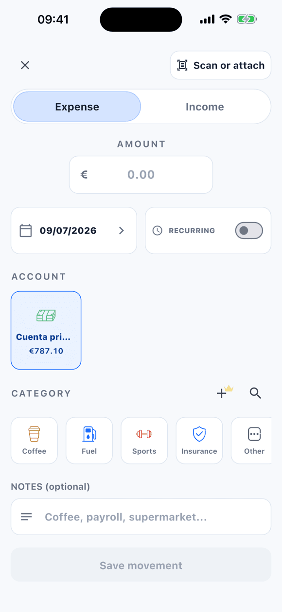 Empty new-movement form in Tally: amount, account, category, and date ready to fill in