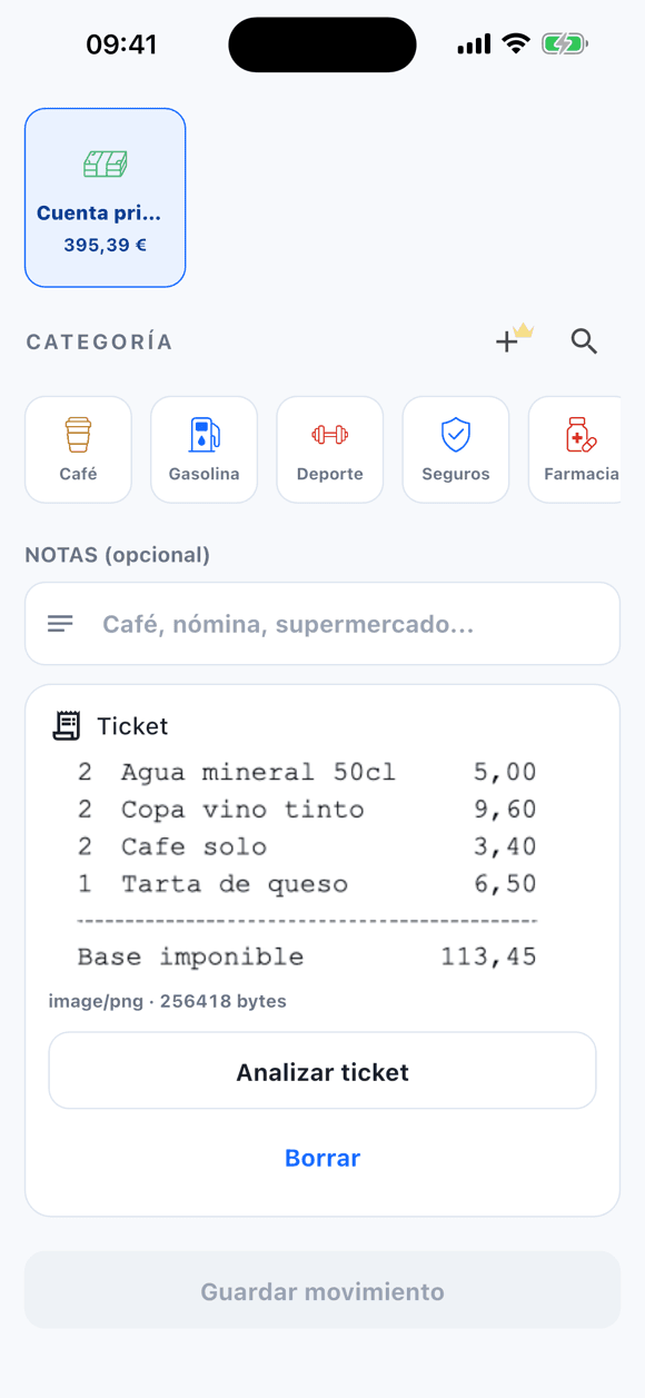 Formulario de gasto en Tally con un ticket adjunto, su tamaño de archivo y el botón Analizar ticket