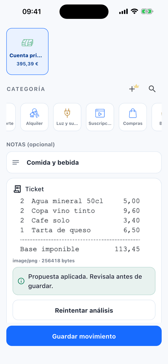 Formulario de gasto en Tally con la foto del ticket adjunta y la propuesta de Tally aplicada al concepto, lista para revisar antes de guardar
