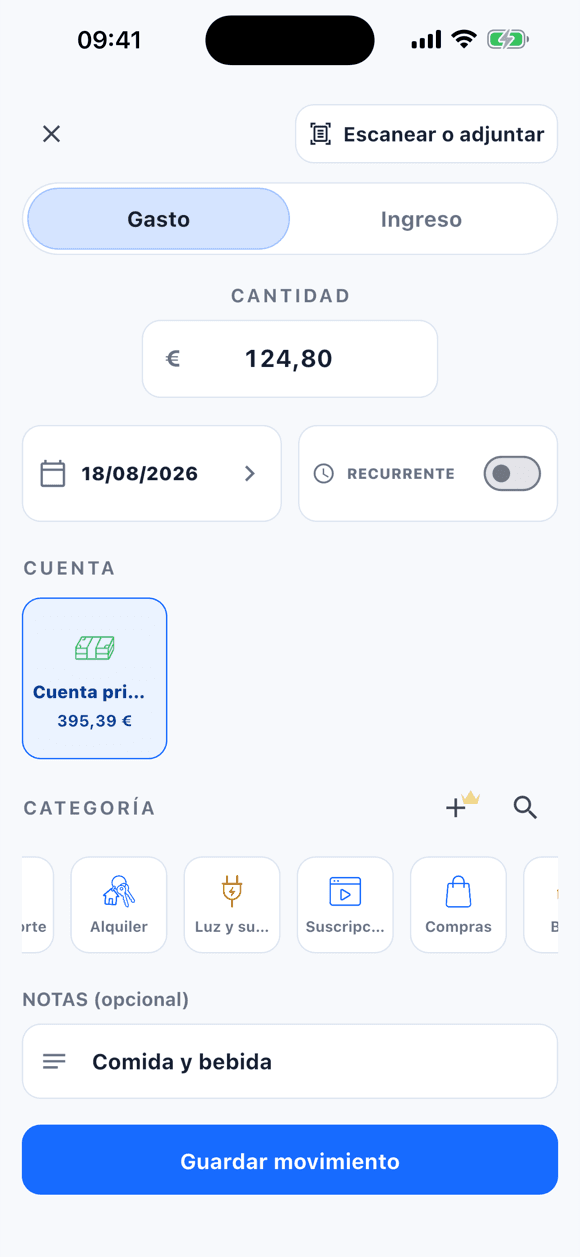 Formulario de gasto en Tally rellenado tras analizar el ticket: importe 124,80 euros, fecha, cuenta y concepto propuestos