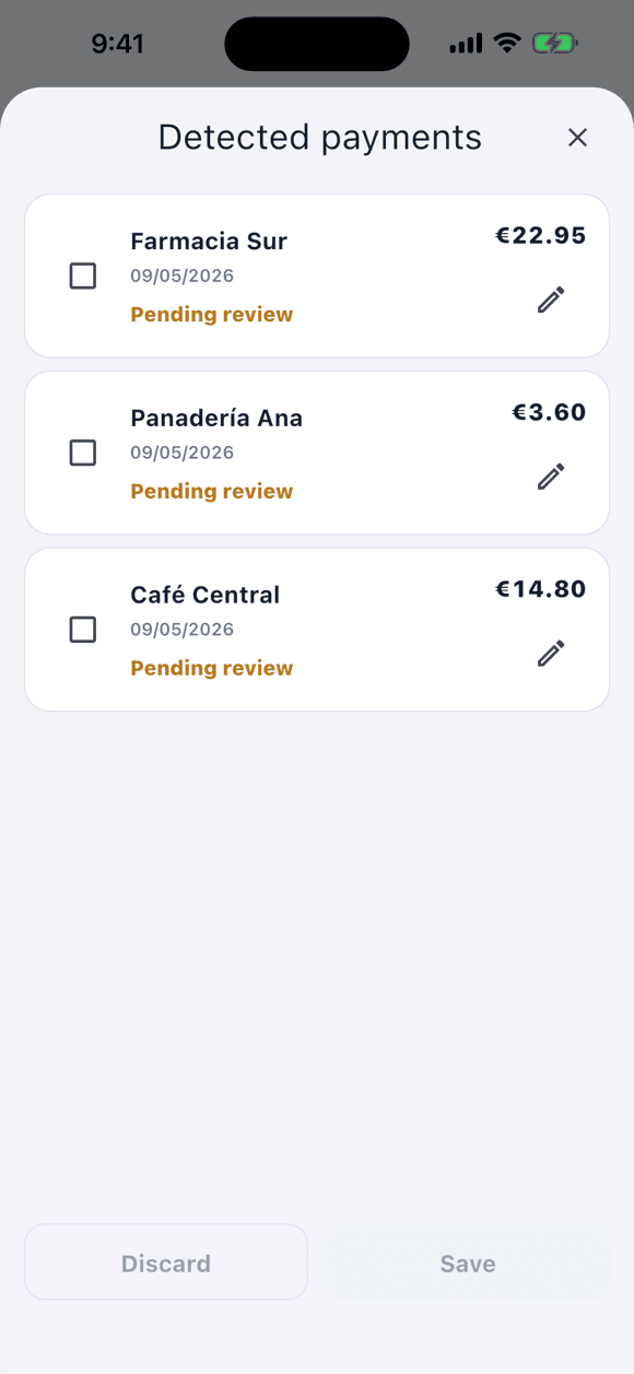 Tally's “Detected payments” screen with three payments marked as pending review, each with an unchecked box and an edit button